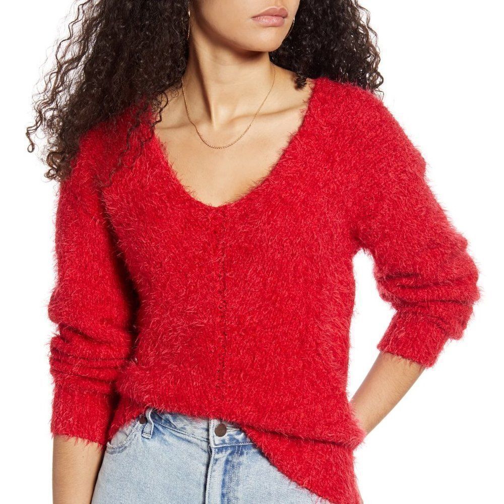 BP V-Neck Eyelash Chenille Sweater sz XXS in Red.